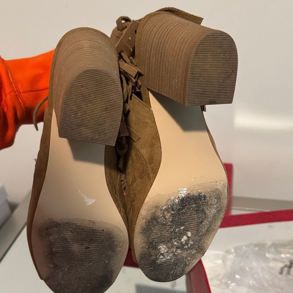 Carlos by Carlos Santana Tan Suede Fringe Peep-Toe Block Heel Boots - Picture 5 of 6